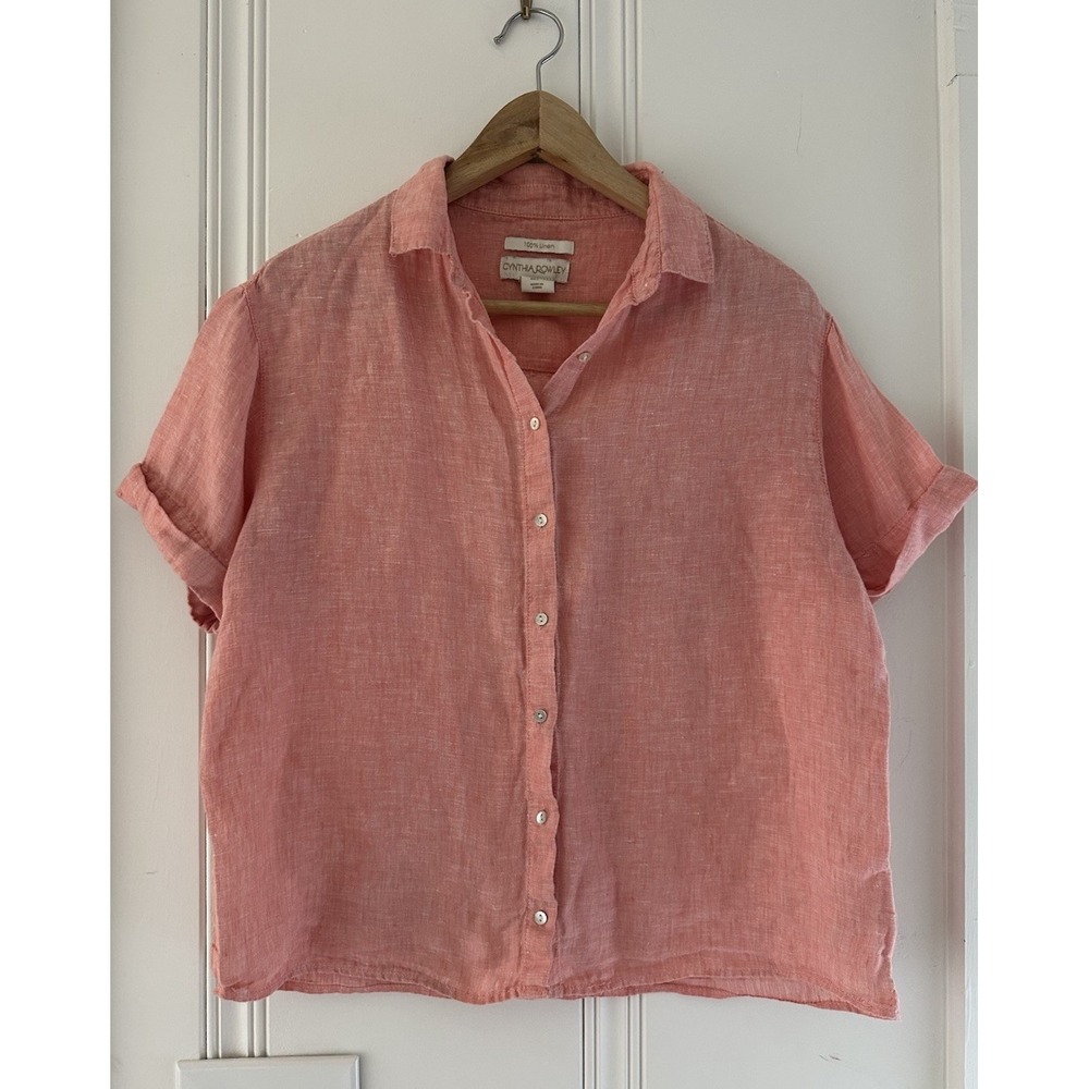 Cynthia Rowley 100% Linen Coral Pink‎ Button Front Shirt Short Sleeve Women's S